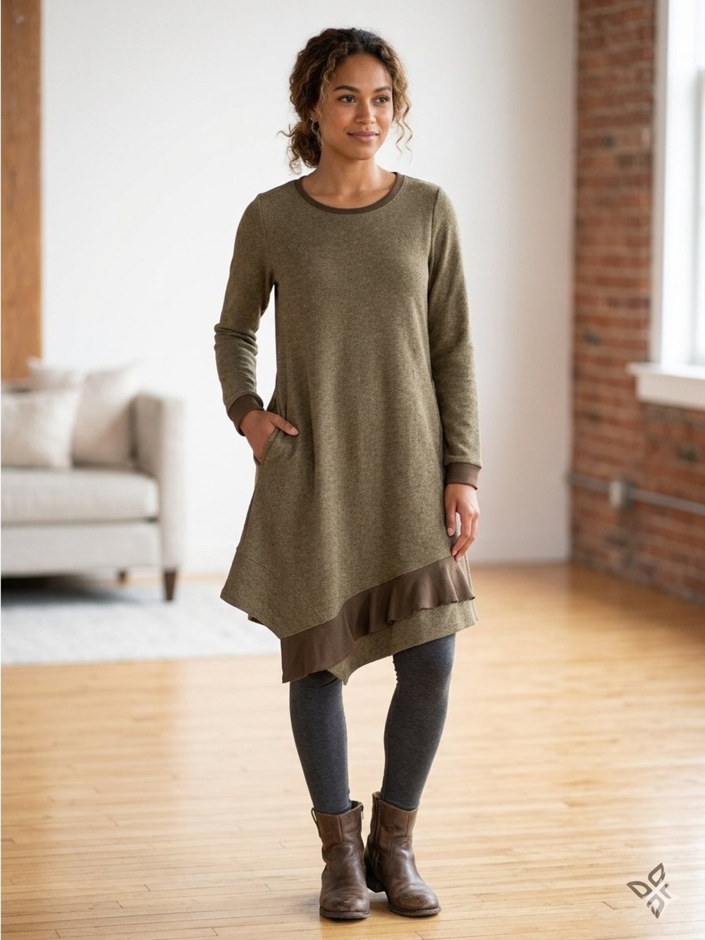 NWT Olive Brown Knit Asymmetrical Dress with POCKETS! (S)